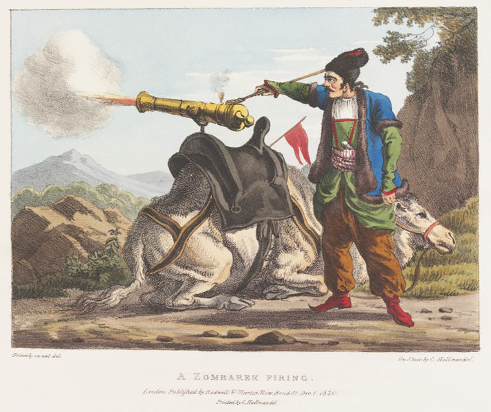 Персия. Выстрел из пушки, установленной на верблюда. Гравюра Charles Hullmandel (1789 - 1850) по рисунку с натуры Александра Осиповича Орловского. Лондон, 1820. 