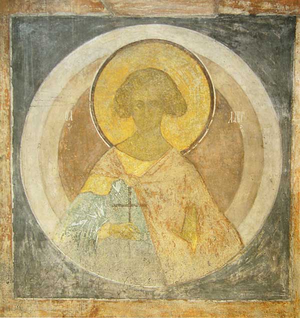 Russian art. Andrei Rublev. Saint martyr Lavr. Fresco on the  south-east column of Assumption Cathedral on the Gorodok in Zvenigorod c. 1400 