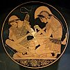 Сосий. Килик из Вульчи. Тондо: Ахилл перевязывает раненого Патрокла. Около 510-500 гг. до н. э. Берлин, Государственный музей, Античное собранье. 