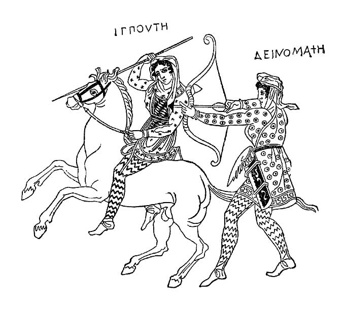 Тесей и амазонки Ипполита и Диномаха . Рисунок на греческой вазе 