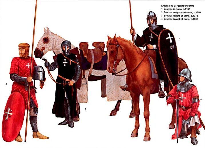 Форма рыцарей и сержантов ордена Госпитальеров: 1 - брат-рыцарь (1160 г.); 2 - брат-сержант (1250 г.); 3 - брат-рыцарь (1275 г.); 4 - брат-рыцарь (1305 г.). 