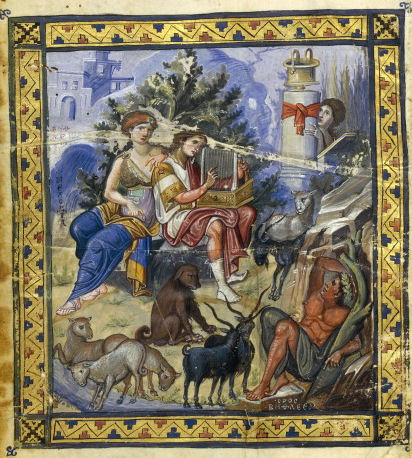 Царь Давид. Давид играющий на лире. Миниатюра из "Парижской псалтыри" (Константинополь, около 960 года) 