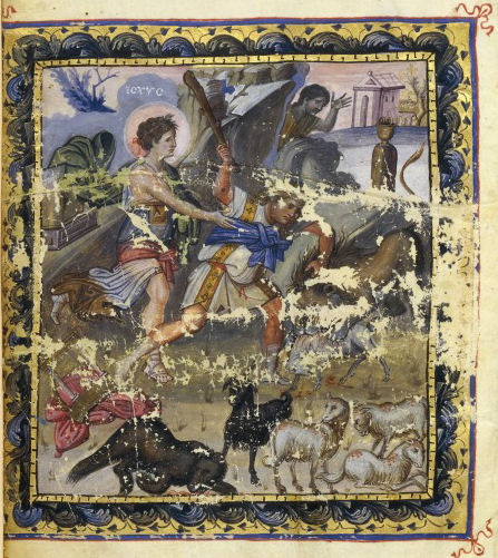 Царь Давид. Давид и лев. Миниатюра из "Парижской псалтыри" (Константинополь, около 960 года) 