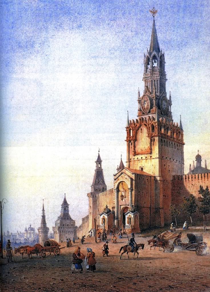 Вид Спасской башни с двумя часовнями 1821 г. архитектора О.И. Бове. Литография А. Дюранда. 1842 г.