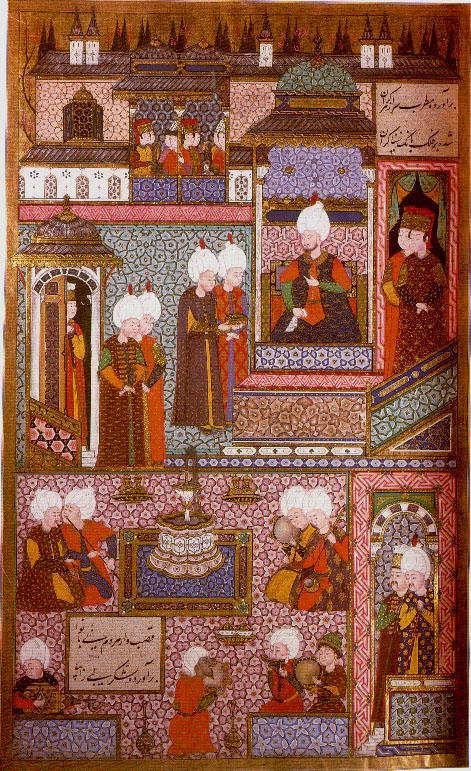 Султан Сулейман I Великолепный принимает Великого Адмирала Хайр эд-Дина Барбароссу. Сулейман-наме. 1558 