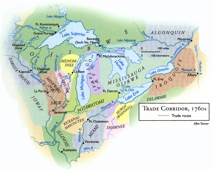 Карта положения сауков среди соседних племён и торговых путей в 1760-ых годах 