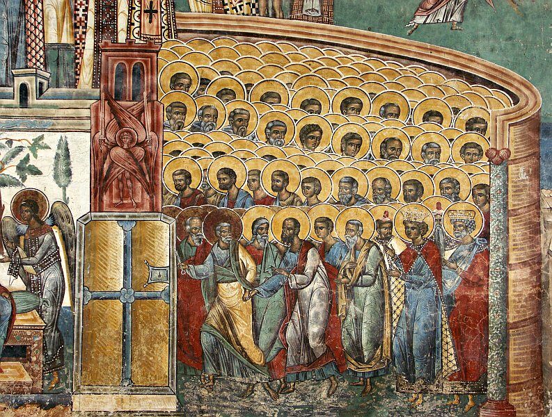 Апостол Пётр вводит святых в Рай. Деталь фрески Страшный Суд в монастыре Воронец 