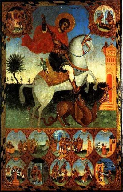 Saint George and the Dragon with 10 scenes of his life. 1840-s. Saint George Church in Dripchevo village
