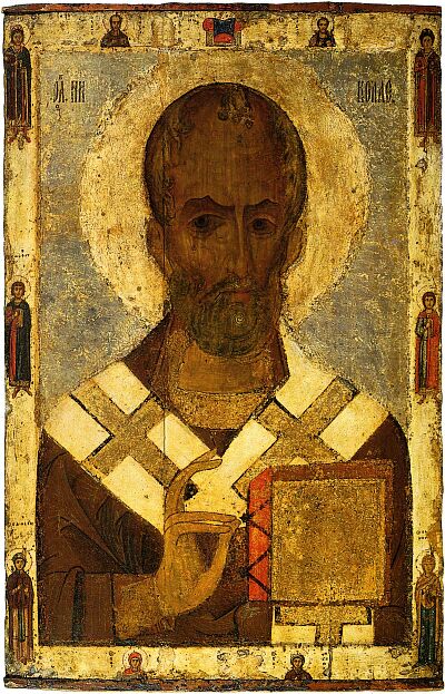 Russian icon of Saint Nicolas from Smolenskiy Cathedral of Novodevichiy monastery in Moscow. Early XIII century. State Tretyakov Gallery 