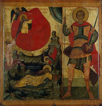 Icon with the Ascension of the Prophet Elias and Saint Demetrius of Thessalonica from Pokrov Church (Lyadiny pogost, Kargopol district, Archangel region). Middle XVI century. State Hermitage Museum