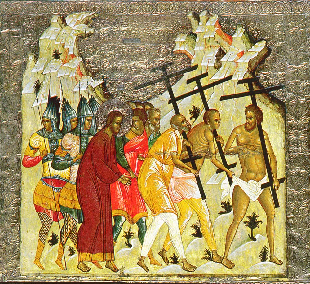Andrei Lavrentyev and Ivan Jartzev Derma. The Way to Calvary. Icon from the main iconostasis of Saint Sophia Cathedral in Novgorod. 1509.