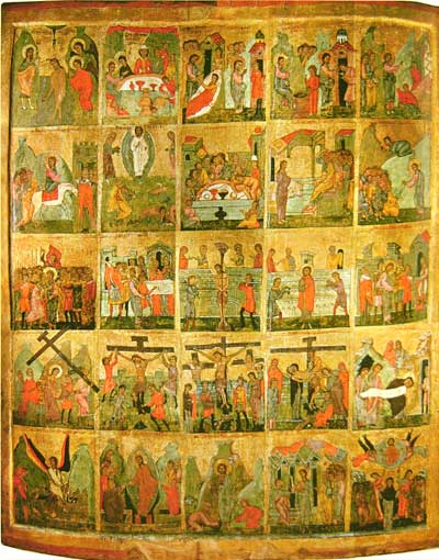 Gospel scenes. The Novgorod icon from the Boris-and-Gleb Church "V Plotnikak". First half of XV century. Novgorod, The Museum of History and Architecture 