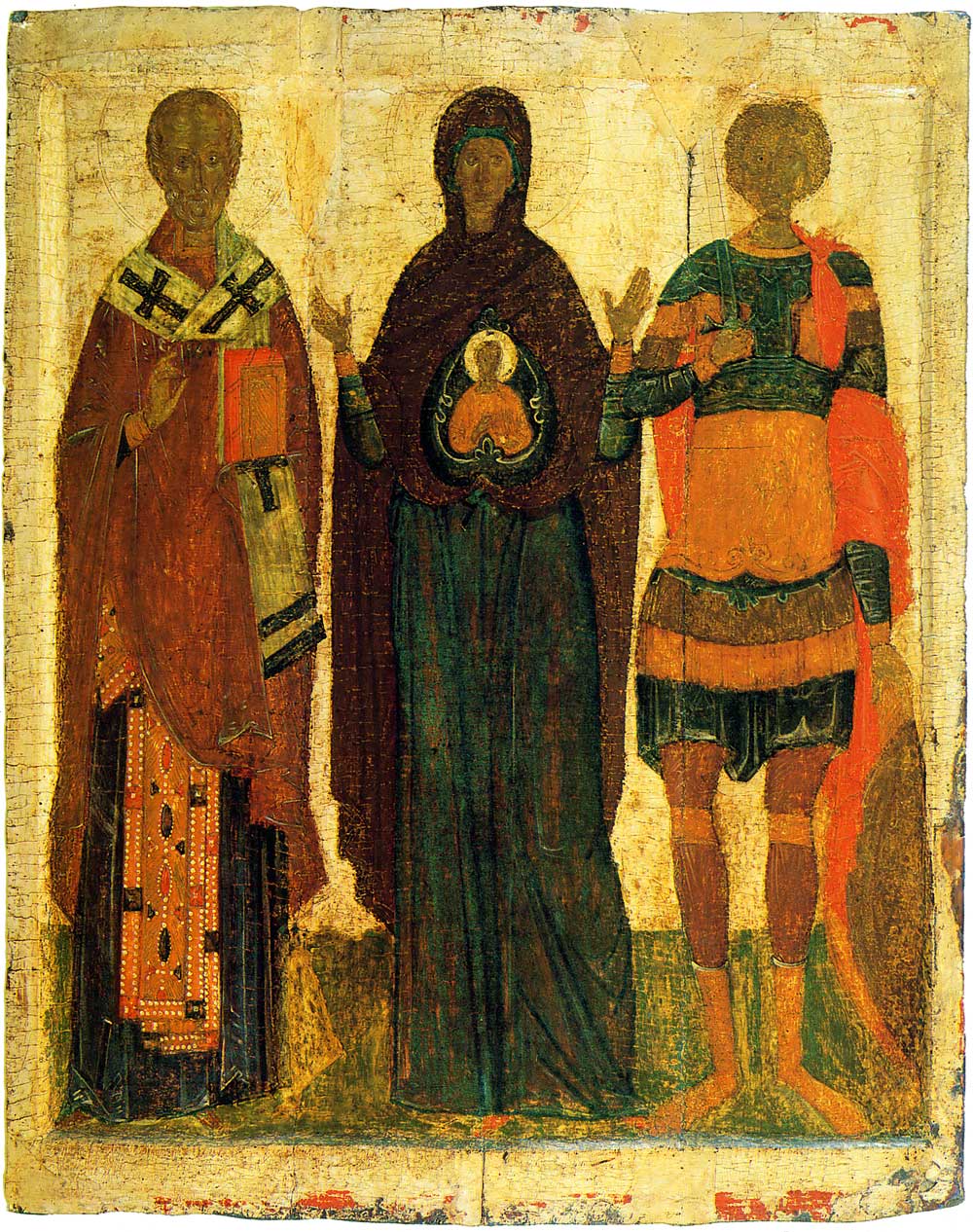 Theotokos Great Panagia with saints Nicholas and George. The Pskov icon from Church of Reserection in Rakuly village in Archangel region. Late XV. State Tretyakov Gallery