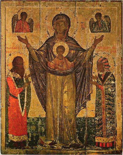 Theotokos Great Panagia Mirozhskaya with saints Dovmont and Maria. Pskov icon. Second half of the XVI century. Pskov State United Historical, Architectural and Fine Arts Museum-Reserve