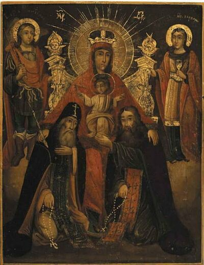 The icon of Theotokos Pecherskaya with saints George, Antony, Theodosius and Barbara. Kievschina (Middle Ukraine). Middle XIX sentury.
