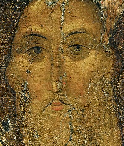 Andrei Rublev. The Saviour. The icon from the Deisus Chin (Row)  of Assumption Cathedral on the Gorodok in Zvenigorod. State Tretyakov Gallery