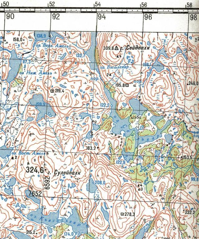Seidjavr lake on 1 : 100 000 map 