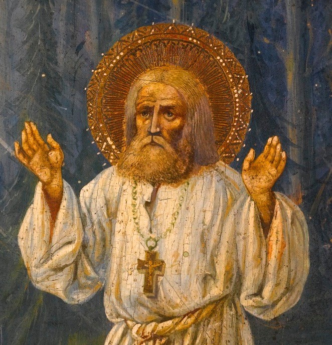 Икона преподобного Серафима Саровского молящегося на камне. Около 1900. 31,2 на 26,5 см. Частное собрание.