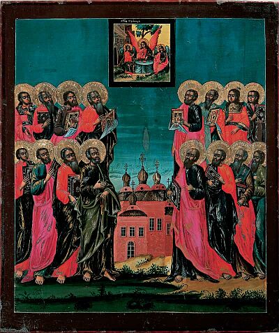 The Synaxis of the Twelve Apostles and the Holy Trinity. Icon from Petrovskoe (Rybinsk uyezd). Second half of XVIII century. Rybinsk Museum-Preserve